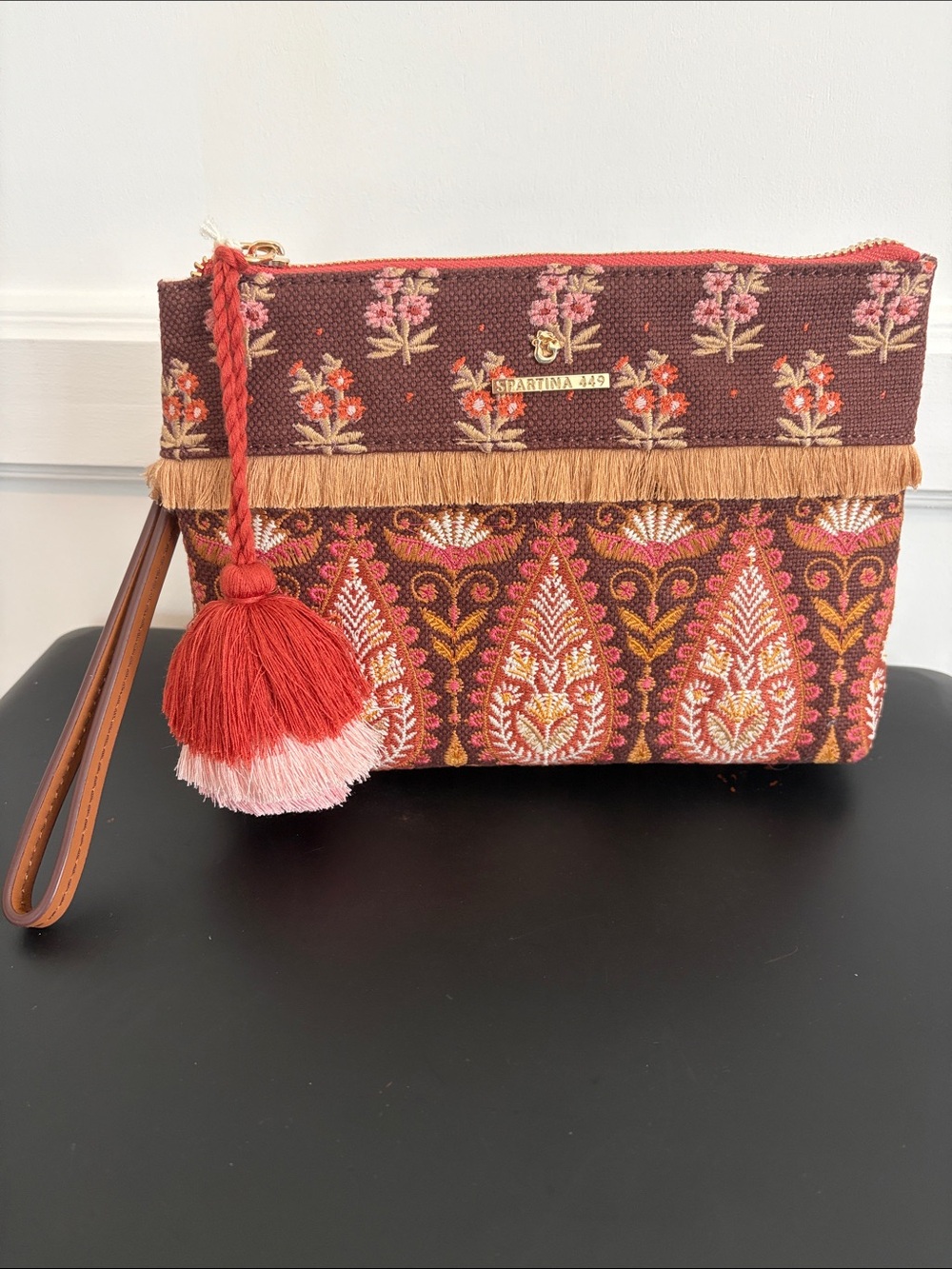 NWT Spartina 449 Maci Wristlet In Pink House with leather strap